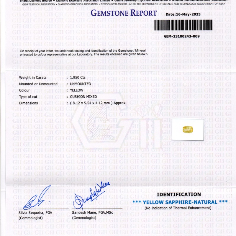 1.95 Ct GII Certified Unheated Untreated Natural Ceylon Yellow Sapphire 1.95 Ct GII Certified Unheated Untreated Natural Ceylon Yellow Sapphire