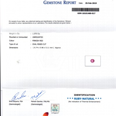 1.97 Ct GII Certified Unheated Untreated Natural Madagaskar Ruby AA++ 1.97 Ct GII Certified Unheated Untreated Natural Madagaskar Ruby AA++
