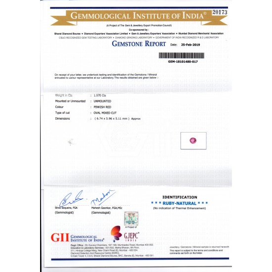 1.97 Ct GII Certified Unheated Untreated Natural Madagaskar Ruby AA++