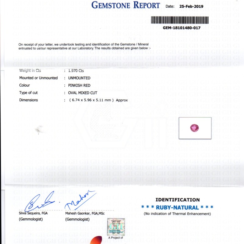 1.97 Ct GII Certified Unheated Untreated Natural Madagaskar Ruby AA++ 1.97 Ct GII Certified Unheated Untreated Natural Madagaskar Ruby AA++