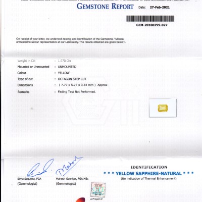 1.97 Ct GII Certified Unheated Untreated Natural Ceylon Yellow Sapphire AA