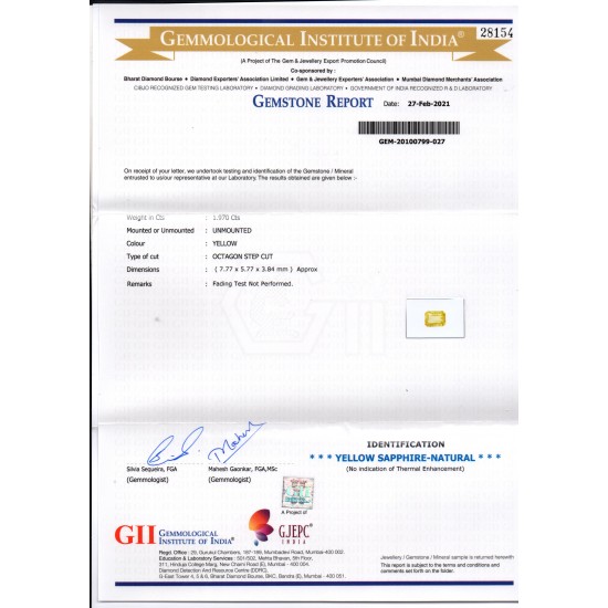 1.97 Ct GII Certified Unheated Untreated Natural Ceylon Yellow Sapphire AA