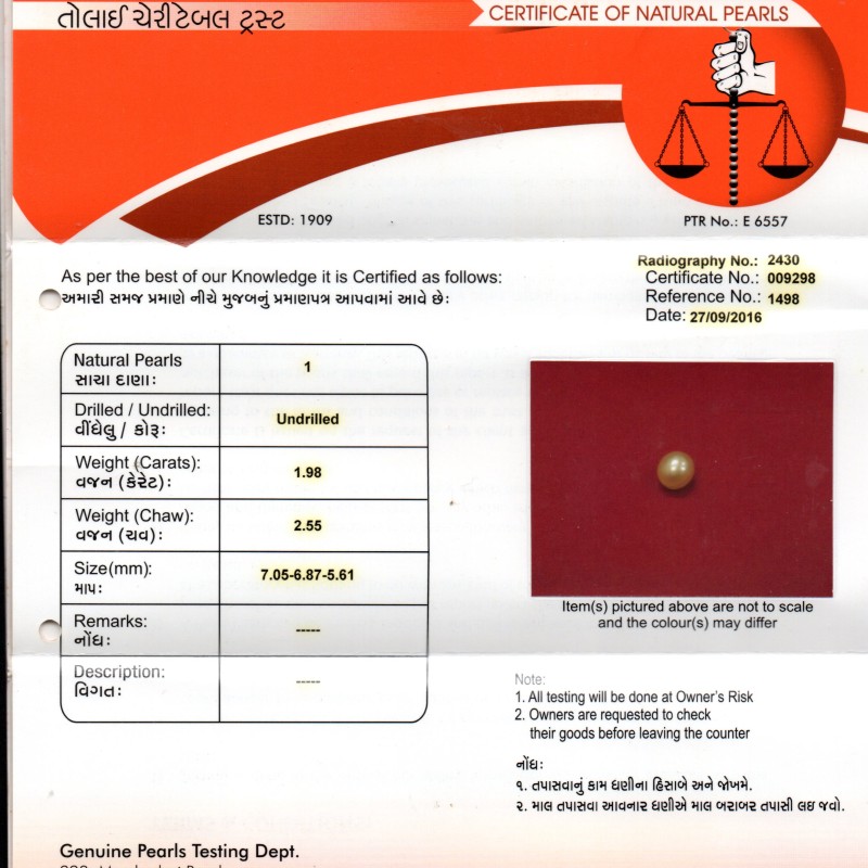 1.98 Ct 2.55 Chaw Natural Basra Pearl Real Basra Moti Certified 1.98 Ct 2.55 Chaw Natural Basra Pearl Real Basra Moti Certified