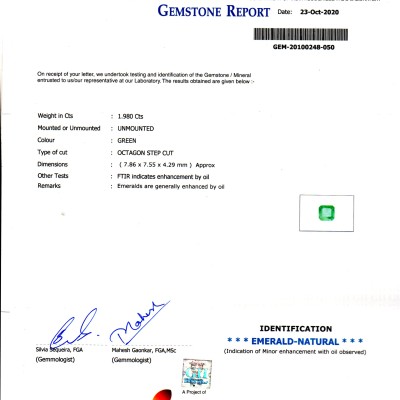 1.98 Ct GII Certified Untreated Natural Zambian Emerald Gems AA