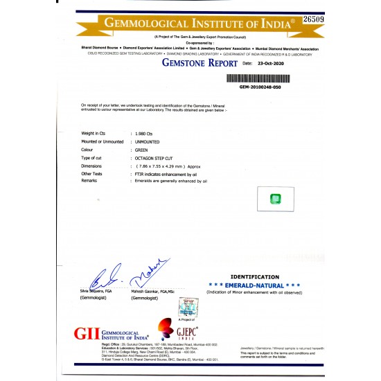 1.98 Ct GII Certified Untreated Natural Zambian Emerald Gems AA