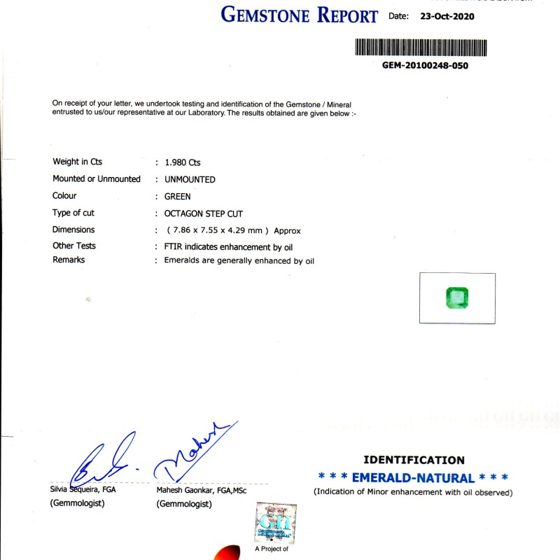 1.98 Ct GII Certified Untreated Natural Zambian Emerald Gems AA