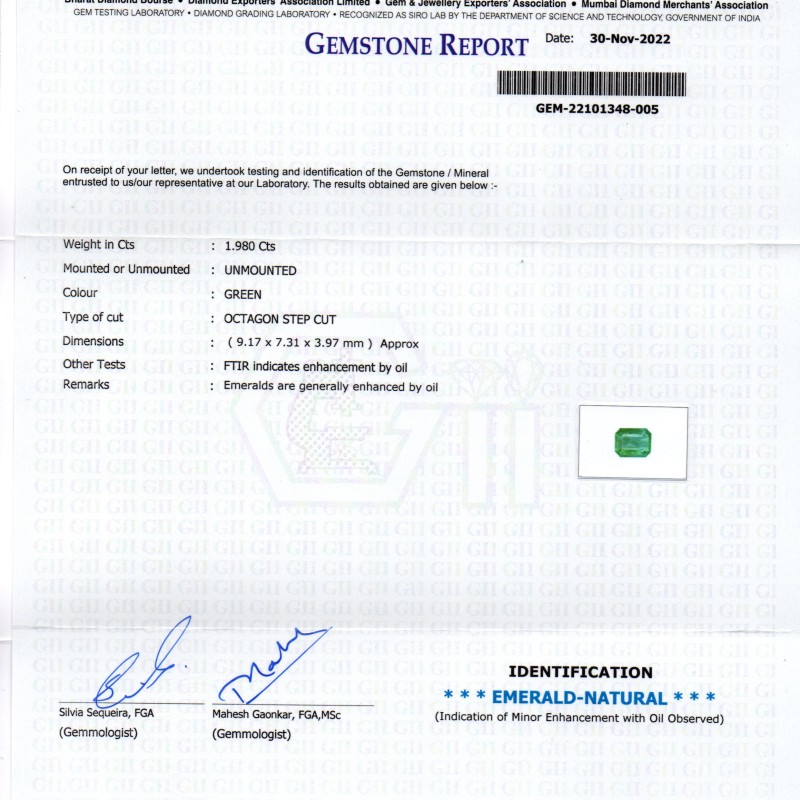 1.98 Ct GII Certified Untreated Natural Zambian Emerald Gemstone AAA