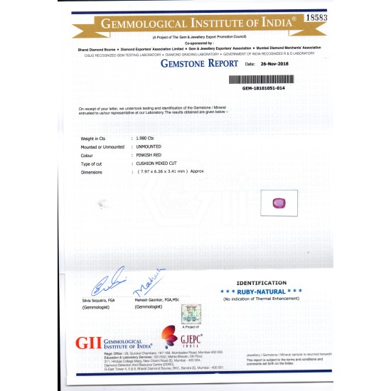 1.98 Ct GII Certified Unheated Untreated Natural Madagaskar Ruby AAA