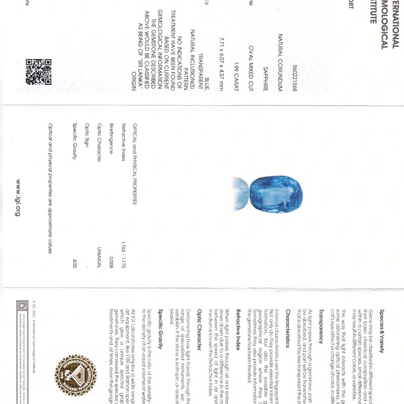 1.99 Ct IGI Certified Unheaated Untreated Natural Ceylon Blue Sapphire AA