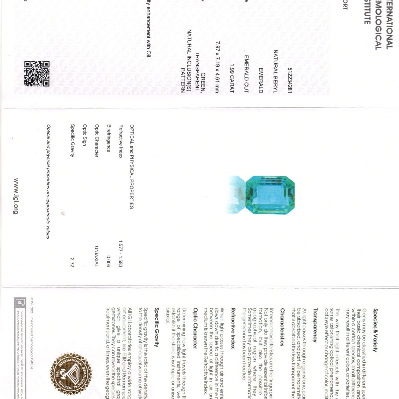 1.99 Ct IGI Certified Untreated Natural Zambian Emerald Gemstone AAA 1.99 Ct IGI Certified Untreated Natural Zambian Emerald Gemstone AAA