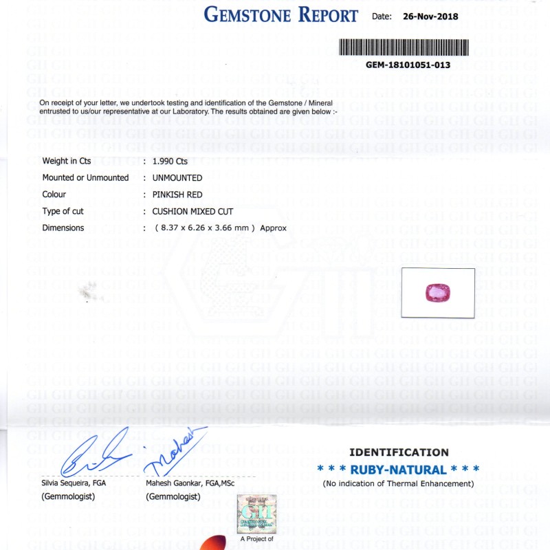 1.99 Ct GII Certified Unheated Untreated Natural Madagaskar Ruby AAA 1.99 Ct GII Certified Unheated Untreated Natural Madagaskar Ruby AAA