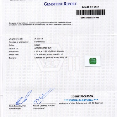 Huge 10.02 Ct GII Certified Untreated Natural Zambian Emerald Panna Gems