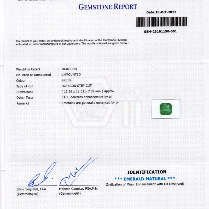 Huge 10.02 Ct GII Certified Untreated Natural Zambian Emerald Panna Gems