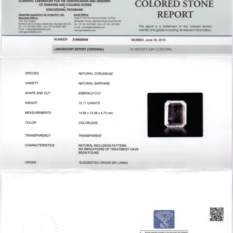 Huge 10.11 Ct IGI Certified Unheated Untreated Natural Ceylon White Sapphire Huge 10.11 Ct IGI Certified Unheated Untreated Natural Ceylon White Sapphire