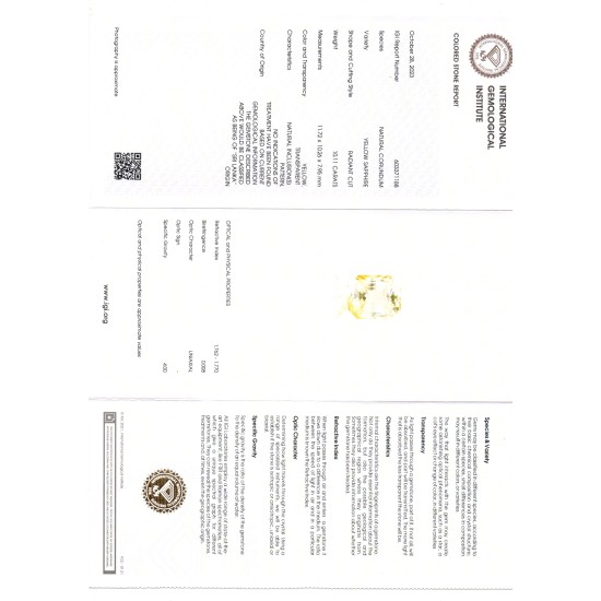 Huge 10.11 Ct IGI Certified Unheated Untreated Natural Ceylon Yellow Sapphire
