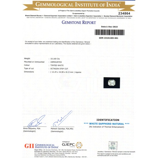 Huge 10.16 Ct GII Certified Unheated Natural Ceylon White Sapphire AAA