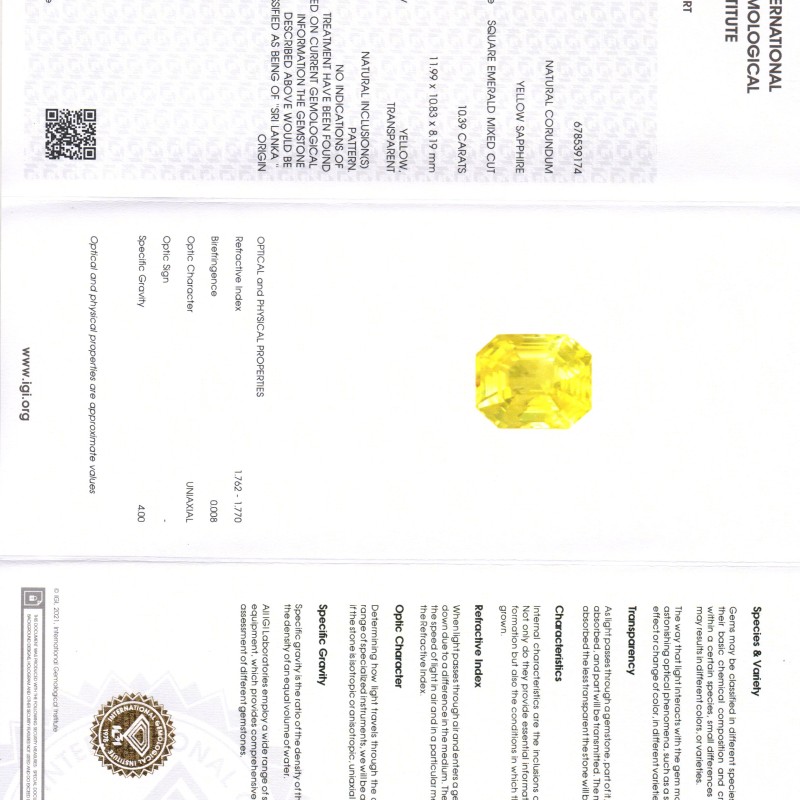Huge 10.39 Ct IGI Certified Unheated Untreated Natural Ceylon Yellow Sapphire Huge 10.39 Ct IGI Certified Unheated Untreated Natural Ceylon Yellow Sapphire
