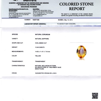 Huge 10.49 Ct Unheated Untreated Natural Ceylon Yellow Sapphire AAA