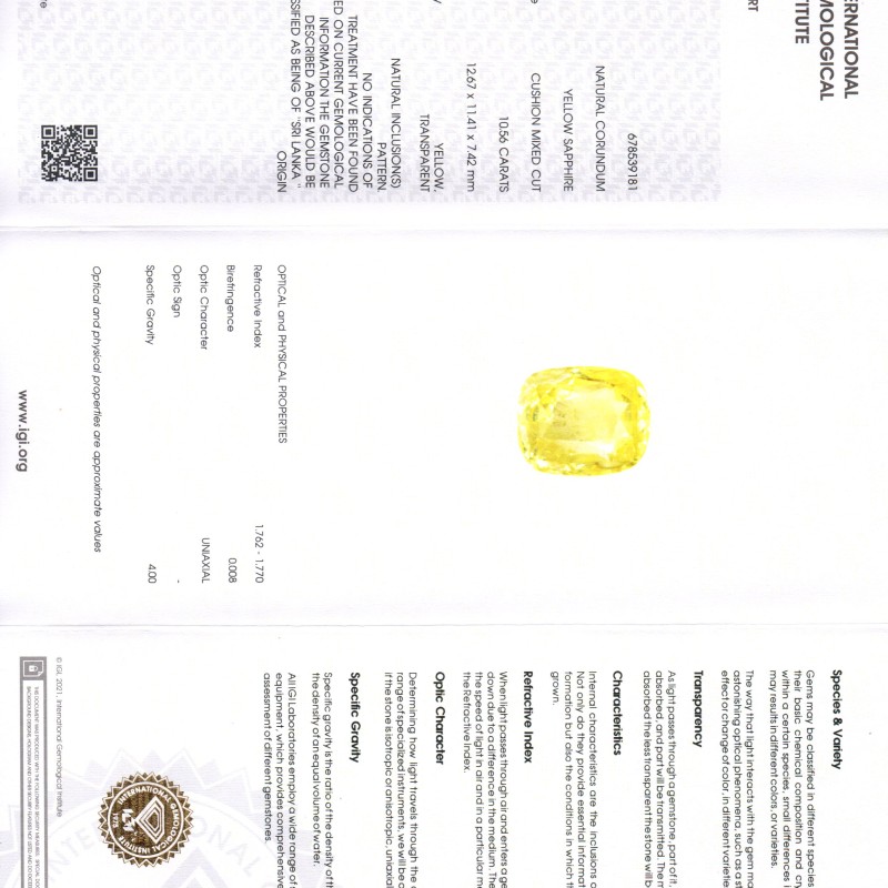 Huge 10.56 Ct IGI Certified Unheated Untreated Ceylon Yellow Sapphire Huge 10.56 Ct IGI Certified Unheated Untreated Ceylon Yellow Sapphire