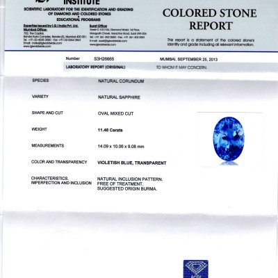 Huge 11.48 Ct IGI Certified Unheated Untreated Burma Blue Sapphire AA Huge 11.48 Ct IGI Certified Unheated Untreated Burma Blue Sapphire AA