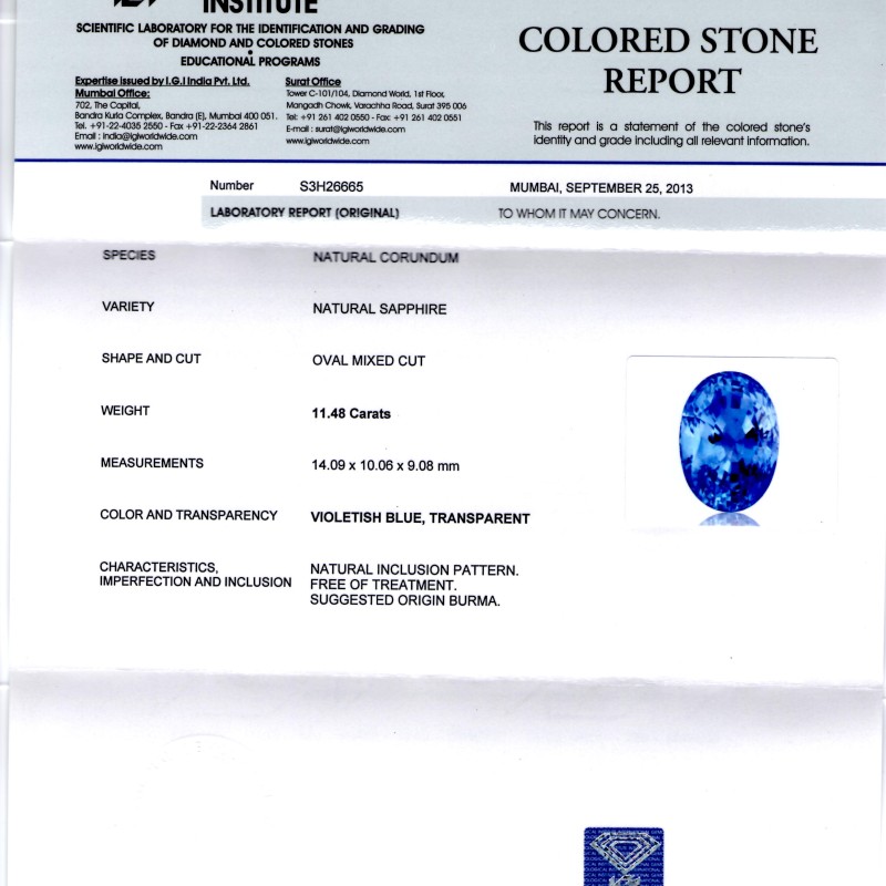 Huge 11.48 Ct IGI Certified Unheated Untreated Burma Blue Sapphire AA Huge 11.48 Ct IGI Certified Unheated Untreated Burma Blue Sapphire AA
