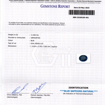 Huge 11.96 Ct GII Certified Unheated Untreated African Blue Sapphire Huge 11.96 Ct GII Certified Unheated Untreated African Blue Sapphire