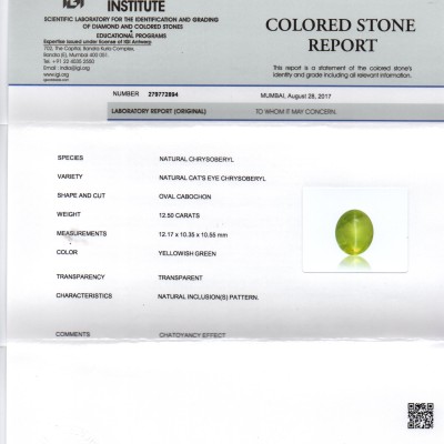 Huge 12.50 Ct IGI Certified Untreated Natural Ceylon Chrysoberyl Cats Eye