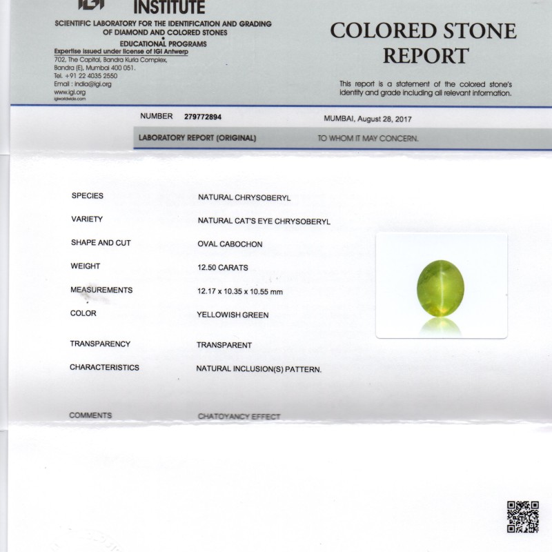 Huge 12.50 Ct IGI Certified Untreated Natural Ceylon Chrysoberyl Cats Eye Huge 12.50 Ct IGI Certified Untreated Natural Ceylon Chrysoberyl Cats Eye