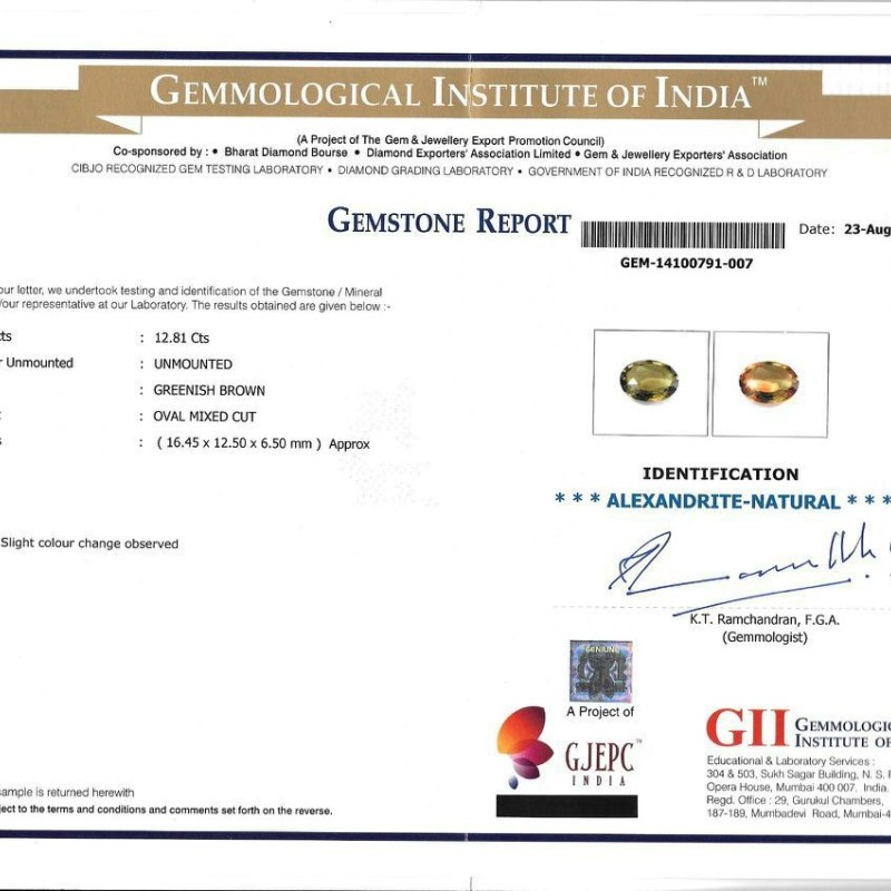 Huge 12.81 Ct Untreated Natural GII Certified Colour Changing Alexandrite Huge 12.81 Ct Untreated Natural GII Certified Colour Changing Alexandrite
