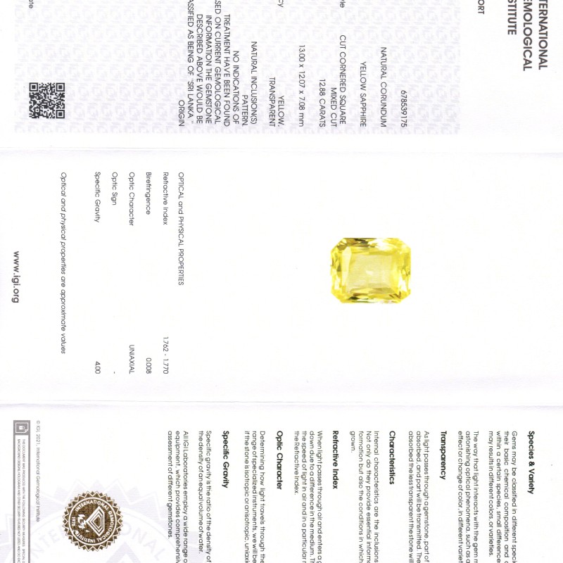 Huge 12.88 Ct IGI Certified Unheated Untreated Natural Ceylon Yellow Sapphire Huge 12.88 Ct IGI Certified Unheated Untreated Natural Ceylon Yellow Sapphire