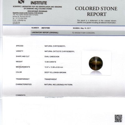 Huge 13.90 Ct IGI Certified Untreated Natural Ceylon Chrysoberyl Cats Eye Huge 13.90 Ct IGI Certified Untreated Natural Ceylon Chrysoberyl Cats Eye