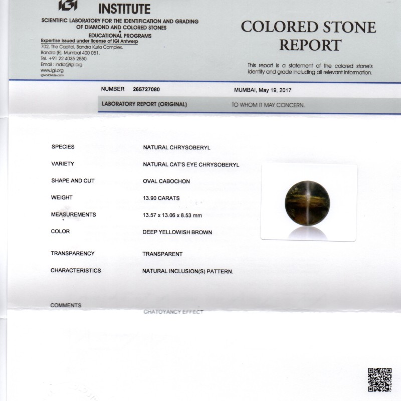 Huge 13.90 Ct IGI Certified Untreated Natural Ceylon Chrysoberyl Cats Eye Huge 13.90 Ct IGI Certified Untreated Natural Ceylon Chrysoberyl Cats Eye
