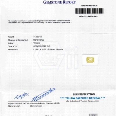 Huge 14.01 Ct GII Certified Unheated Untreated Natural Ceylon Yellow Sapphire Pukhraj