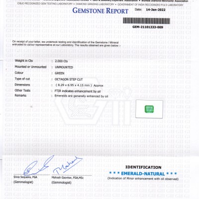 2.00 Ct GII Certified Untreated Natural Zambian Emerald Gemstone