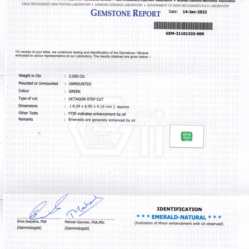 2.00 Ct GII Certified Untreated Natural Zambian Emerald Gemstone