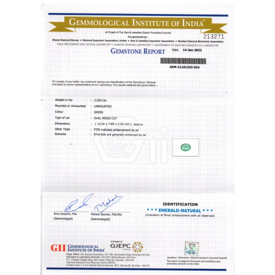 2.00 Ct GII Certified Untreated Natural Zambian Emerald Gemstone
