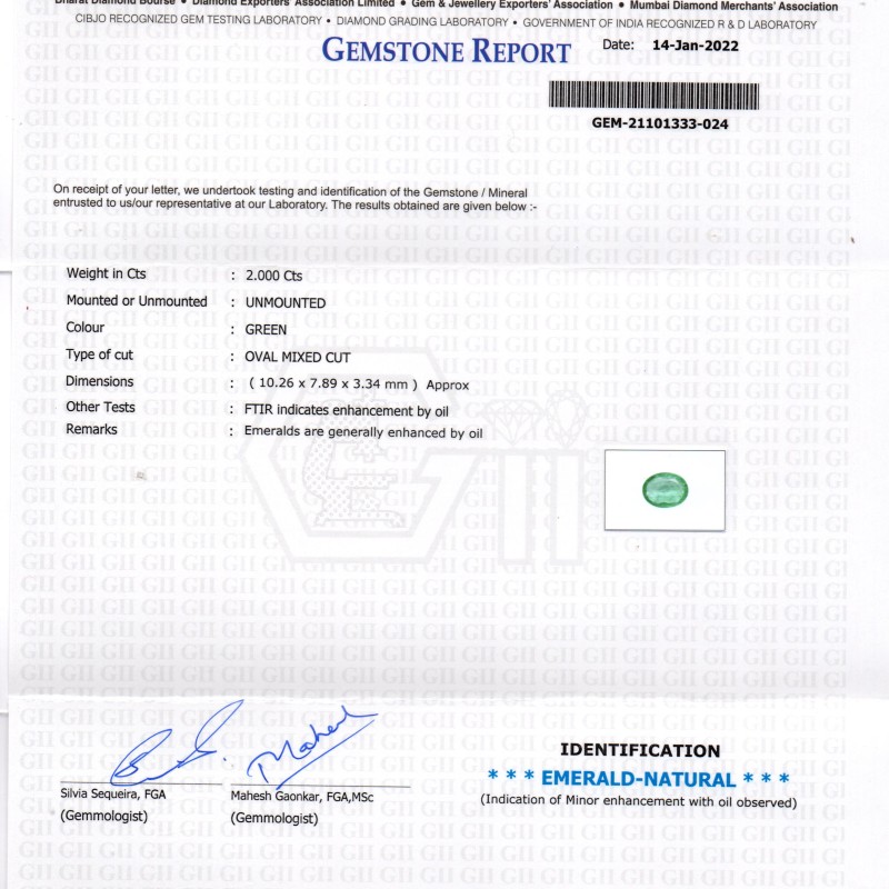2.00 Ct GII Certified Untreated Natural Zambian Emerald Gemstone