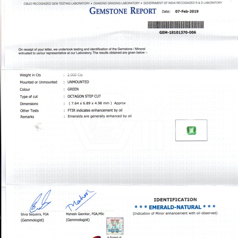 2.00 Ct Untreated Natural Zambian Emerald Gemstone Panna Gems AAAAA