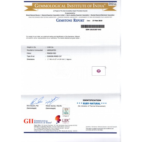 2.00 Ct GII Certified Unheated Untreated Natural Madagaskar Ruby
