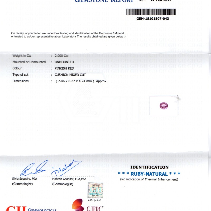 2.00 Ct GII Certified Unheated Untreated Natural Madagaskar Ruby