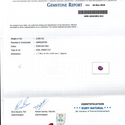 2.00 Ct GII Certified Unheated Untreated Natural Madagaskar Ruby AAA 2.00 Ct GII Certified Unheated Untreated Natural Madagaskar Ruby AAA