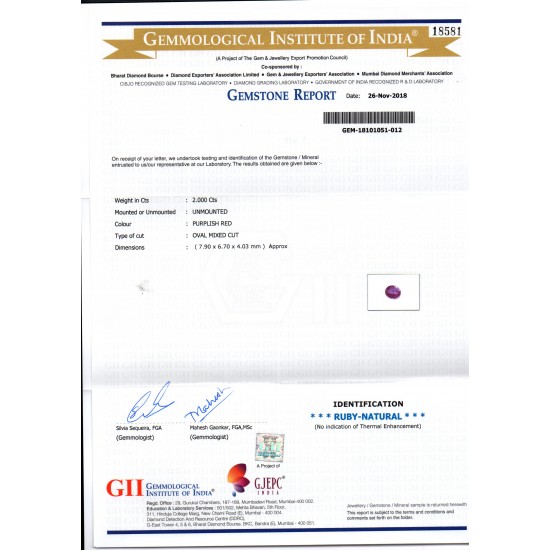 2.00 Ct GII Certified Unheated Untreated Natural Madagaskar Ruby AAA
