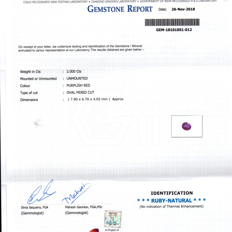 2.00 Ct GII Certified Unheated Untreated Natural Madagaskar Ruby AAA 2.00 Ct GII Certified Unheated Untreated Natural Madagaskar Ruby AAA