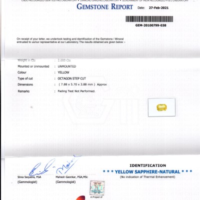 2.00 Ct GII Certified Unheated Untreated Natural Ceylon Yellow Sapphire AAA