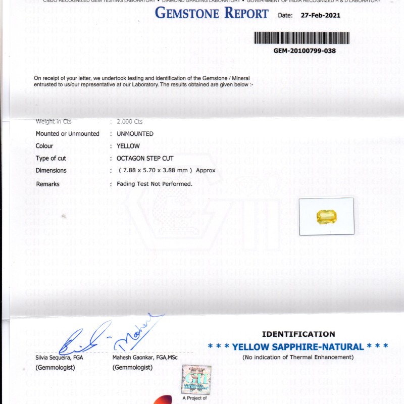 2.00 Ct GII Certified Unheated Untreated Natural Ceylon Yellow Sapphire AAA