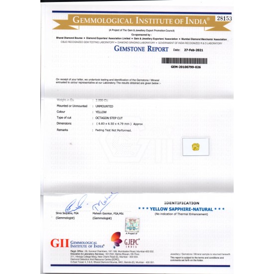 2.00 Ct GII Certified Unheated Untreated Natural Ceylon Yellow Sapphire AA