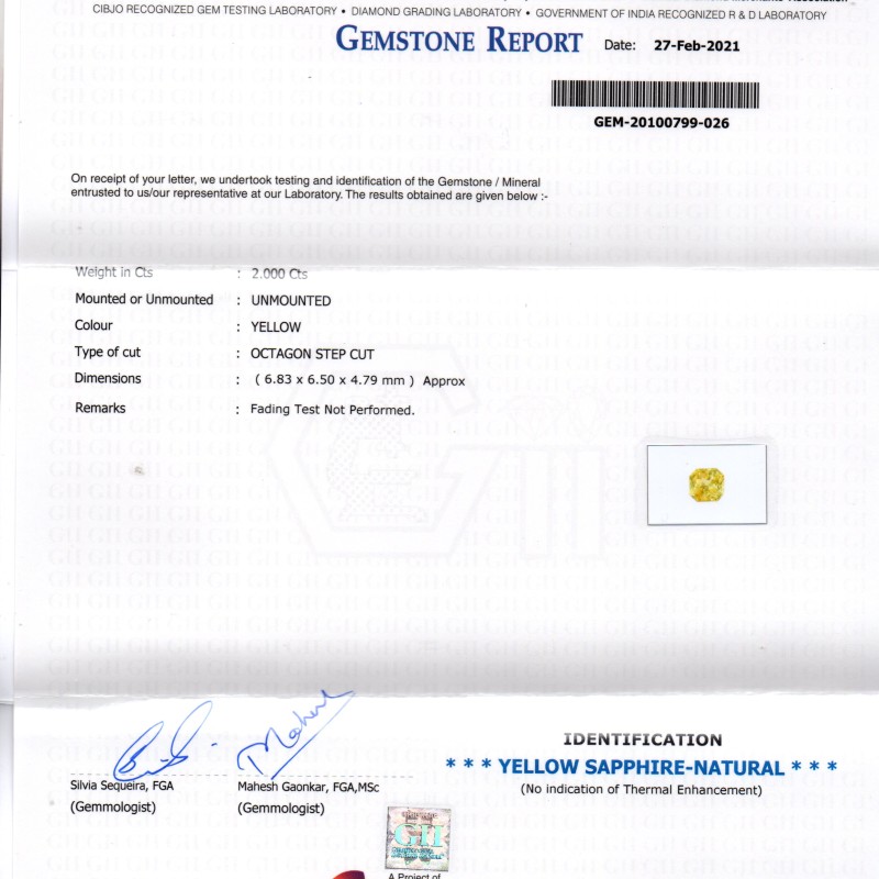 2.00 Ct GII Certified Unheated Untreated Natural Ceylon Yellow Sapphire AA 2.00 Ct GII Certified Unheated Untreated Natural Ceylon Yellow Sapphire AA