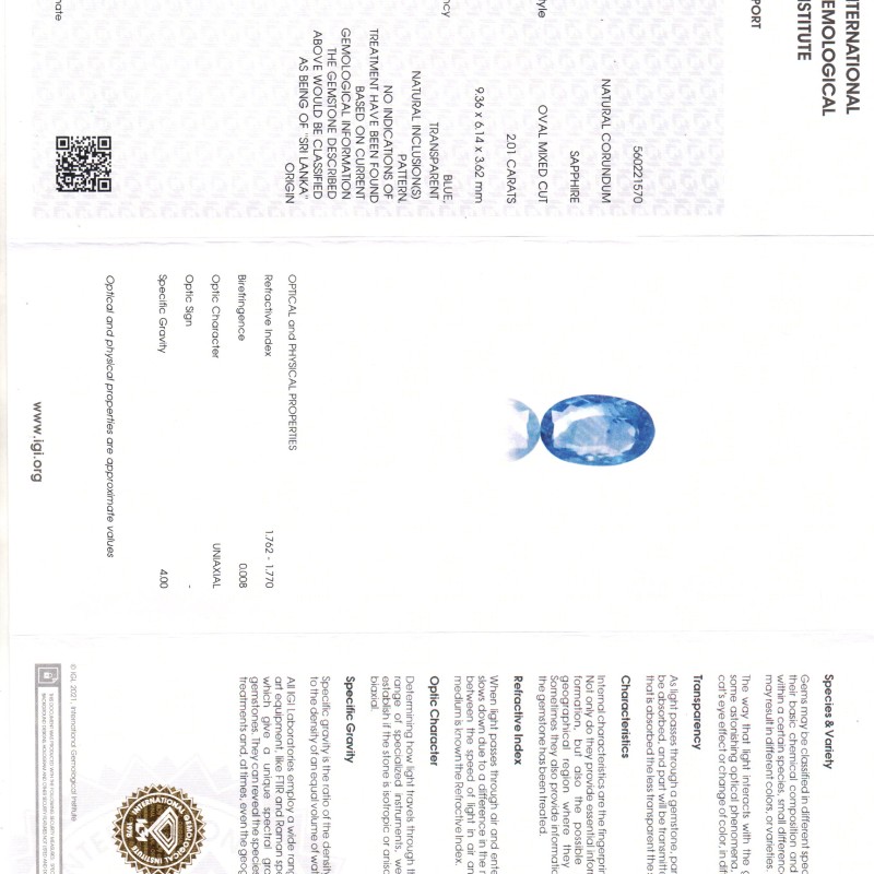 2.01 Ct IGI Certified Unheaated Untreated Natural Ceylon Blue Sapphire AA
