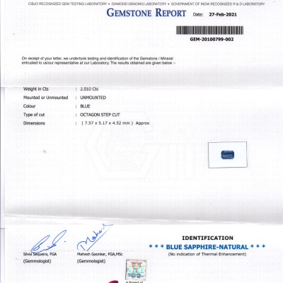 2.01 Ct GII Certified Unheated Untreated Natural Ceylon Blue Sapphire AAA 2.01 Ct GII Certified Unheated Untreated Natural Ceylon Blue Sapphire AAA
