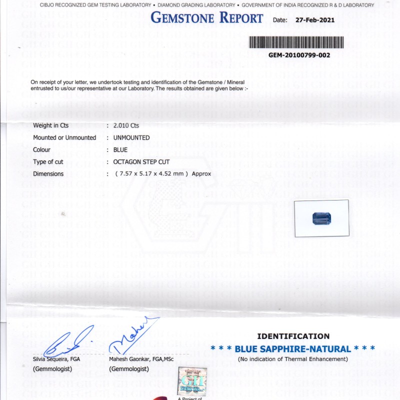 2.01 Ct GII Certified Unheated Untreated Natural Ceylon Blue Sapphire AAA 2.01 Ct GII Certified Unheated Untreated Natural Ceylon Blue Sapphire AAA